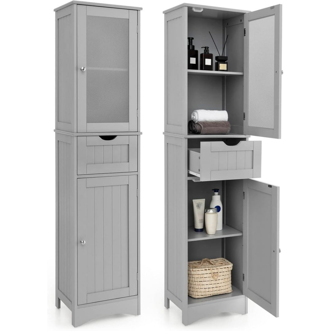 Meuble colonne gris, etageres reglables, espace organise