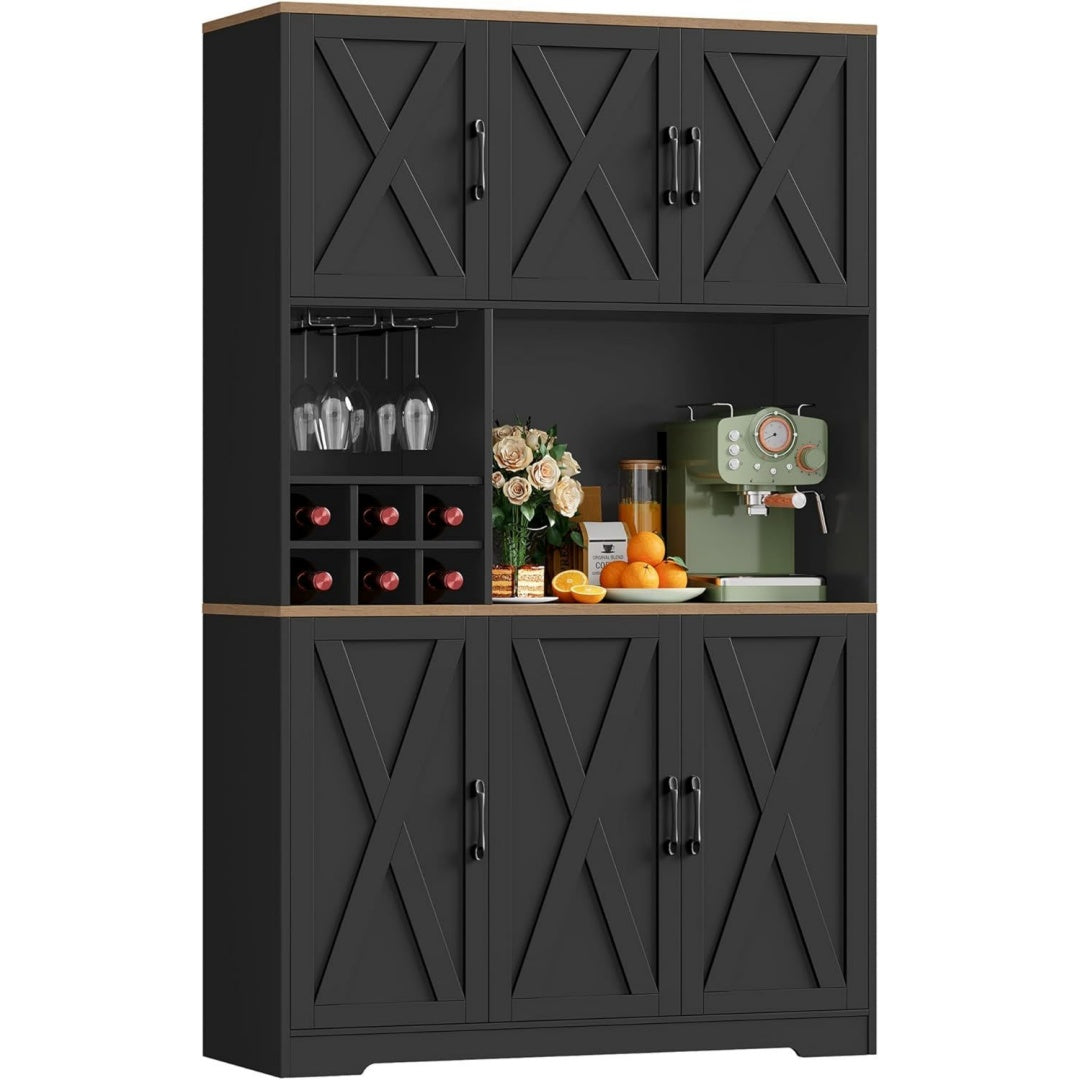 Buffet noir 108 cm, a 6 portes esprit fermier en verre