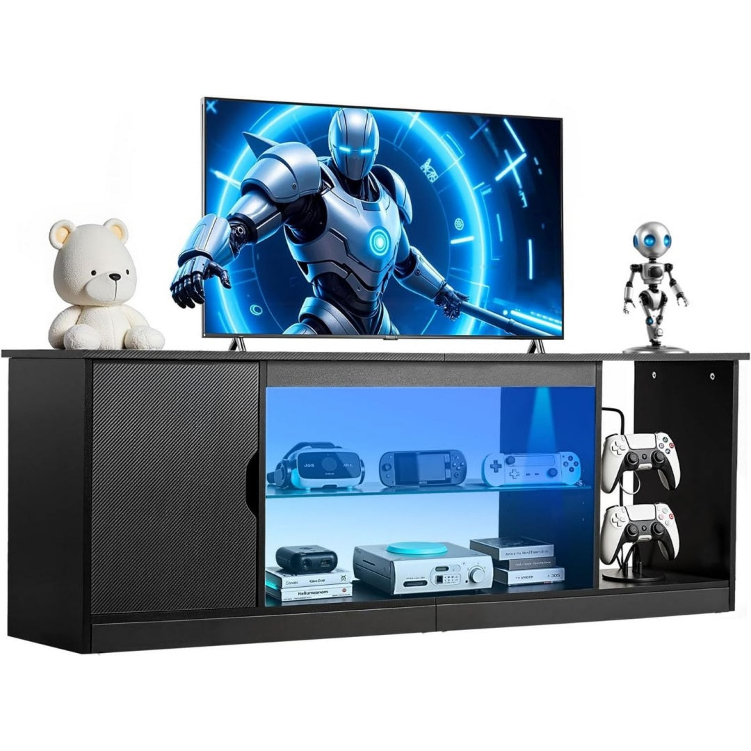 Console TV noir 5 etageres reglables, bois ingenierie et style contemporain