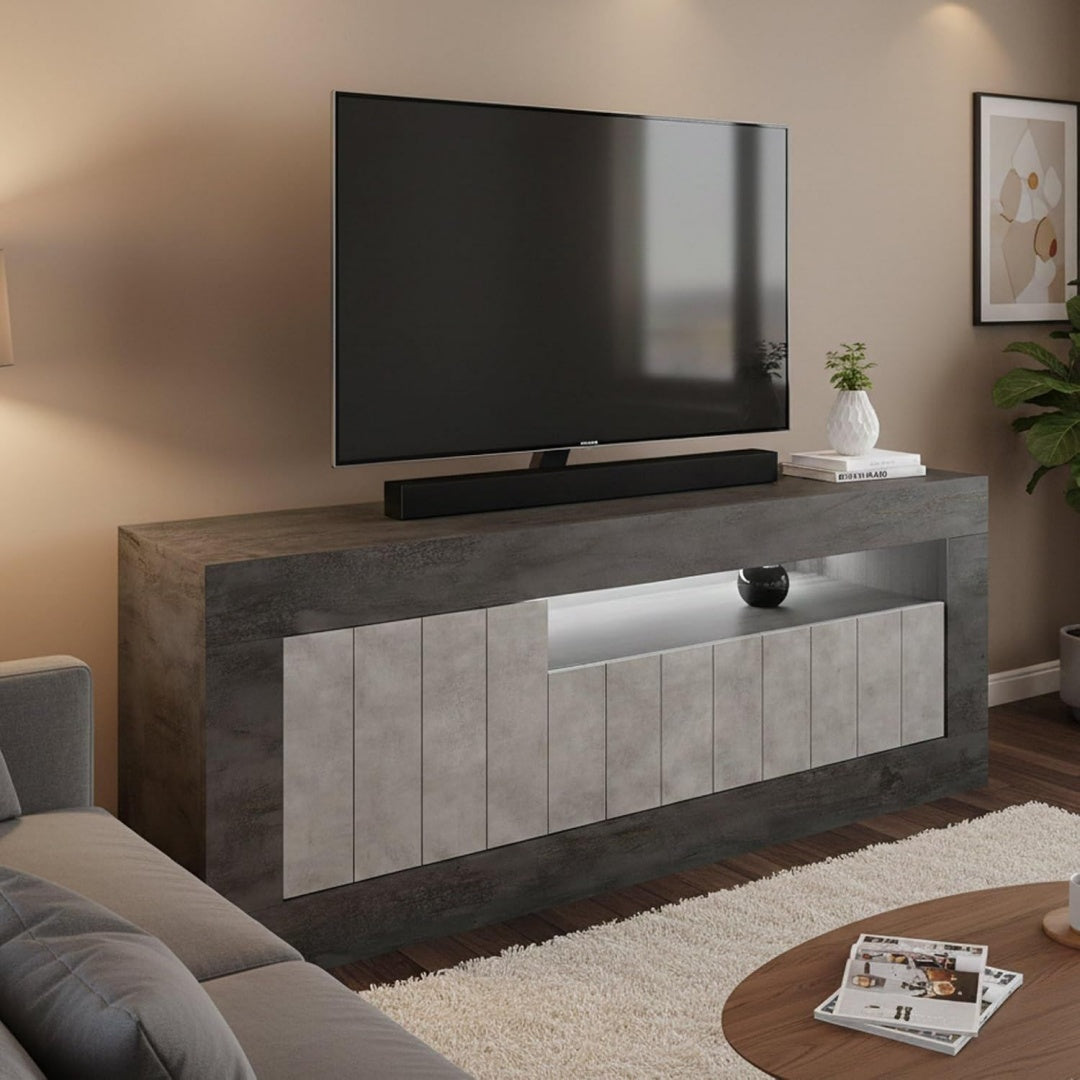 Meuble TV gris fonce metal 138 cm, rangement design moderne