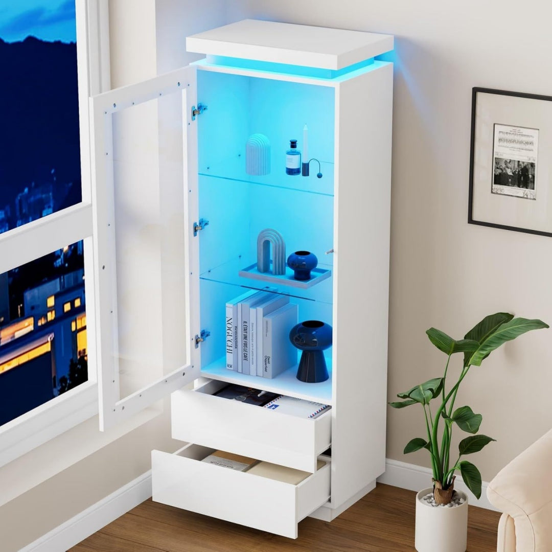 Buffet haut gris clair 2 tiroirs eclairage LED 60 x 40 x 171 cm