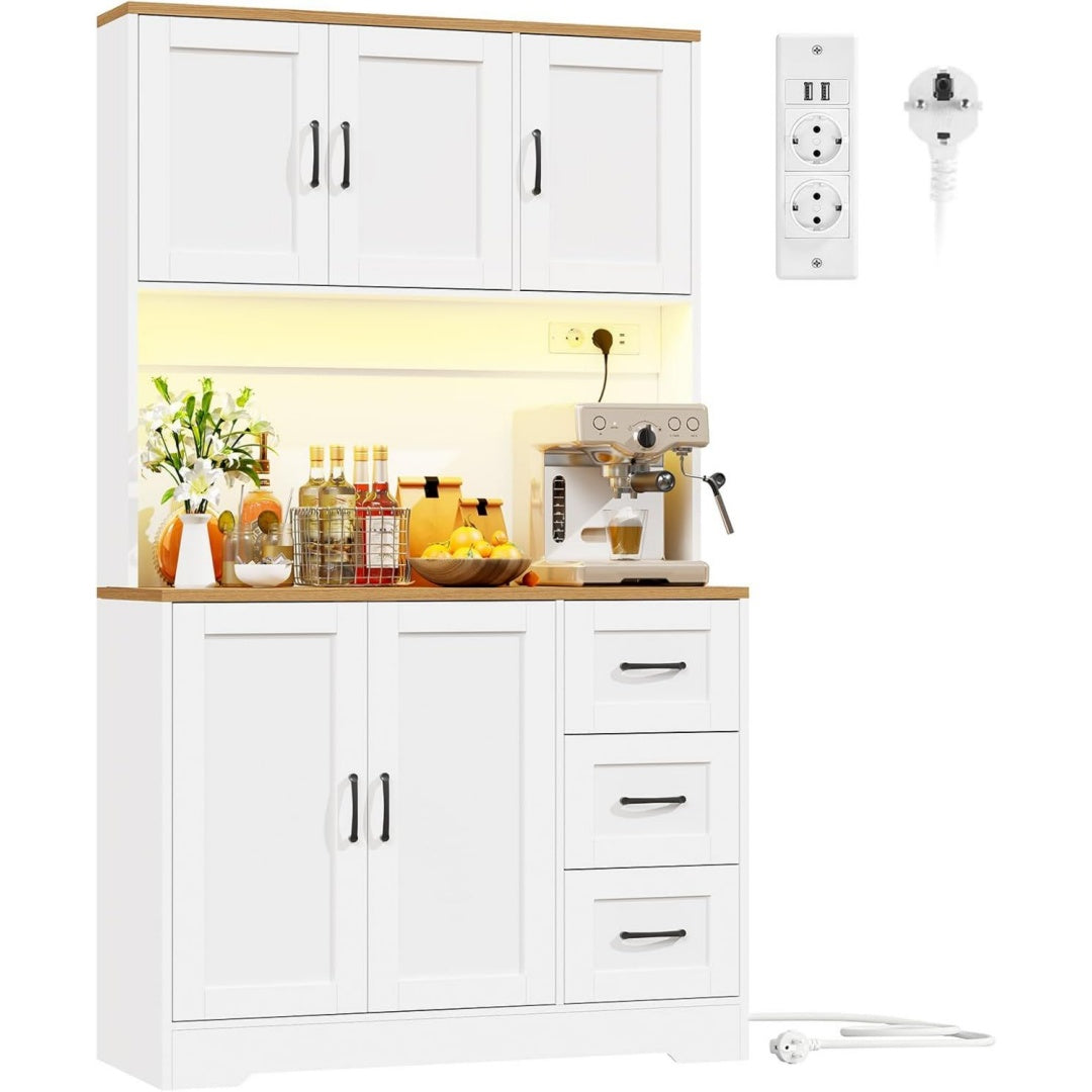 Buffet gris clair 6 etageres reglables, metal et esprit fermier