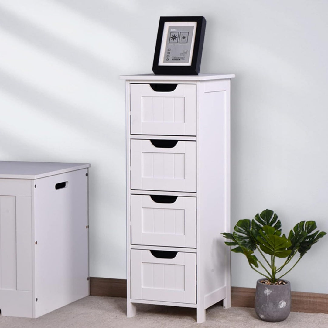 Meuble colonne gris clair, rangement, quatre tiroirs, usage domestique
