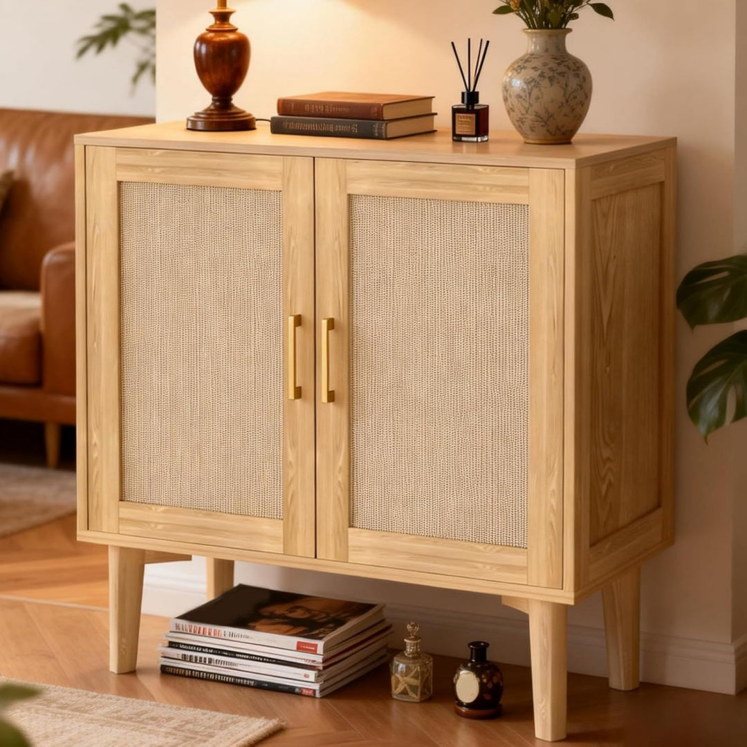 Buffet rustique en bois massif et rotin