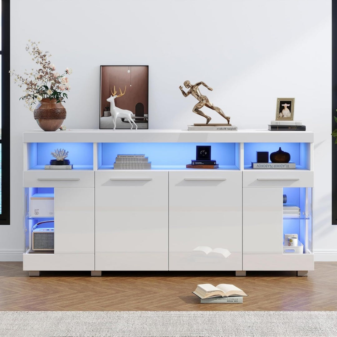 Rangement buffet, gris clair avec trois tiroirs, six etageres